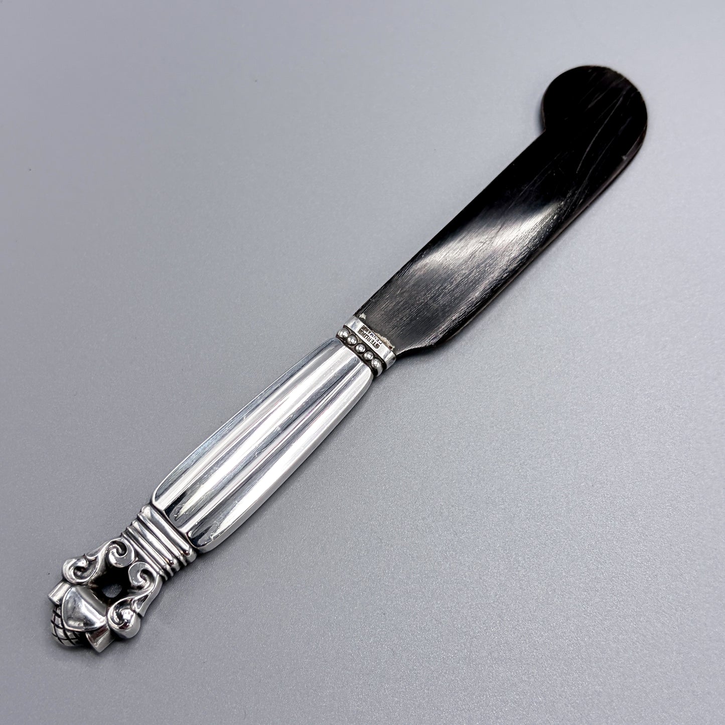 Estate Georg Jensen Sterling Silver "Acorn" Caviar Server with Buffalo Horn Blade