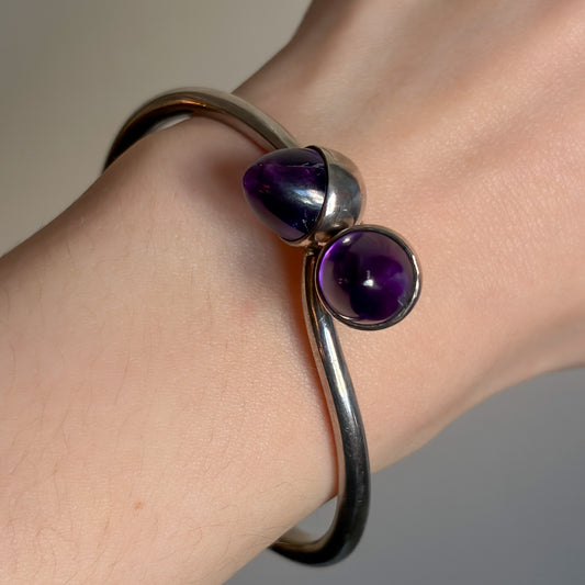 Estate Bent Knudsen Sterling Silver Bangle with Amethyst Bullet Cabuchon