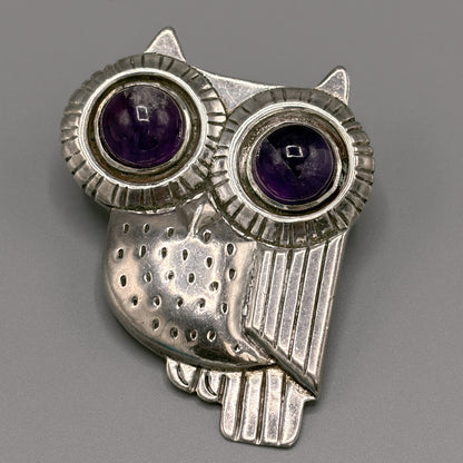 Estate Large Owl Pin with Amethyst Cabochon Eyes by William Spratling