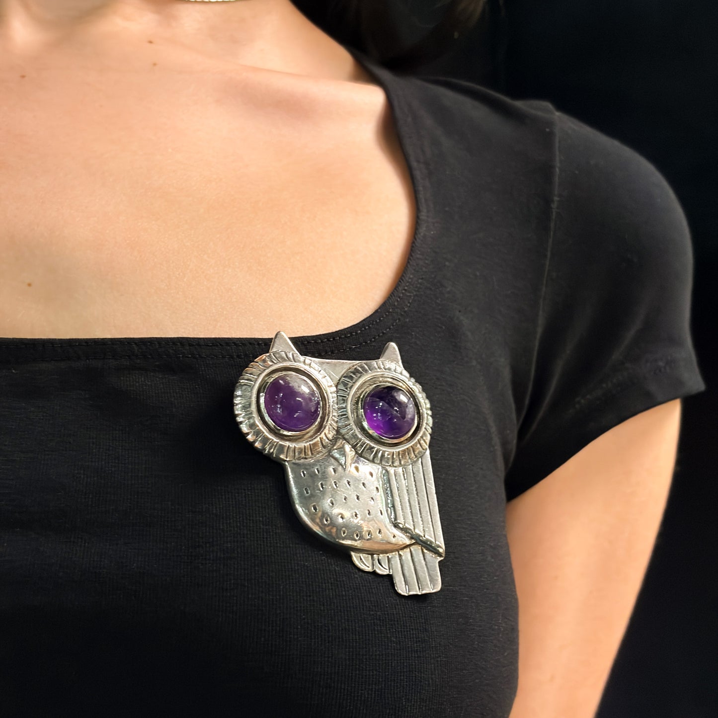 Estate Large Owl Pin with Amethyst Cabochon Eyes by William Spratling