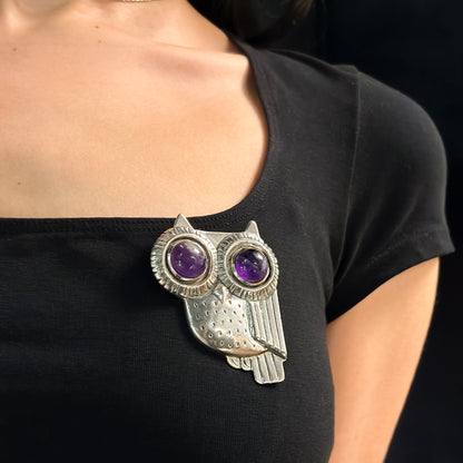 Estate Large Owl Pin with Amethyst Cabochon Eyes by William Spratling