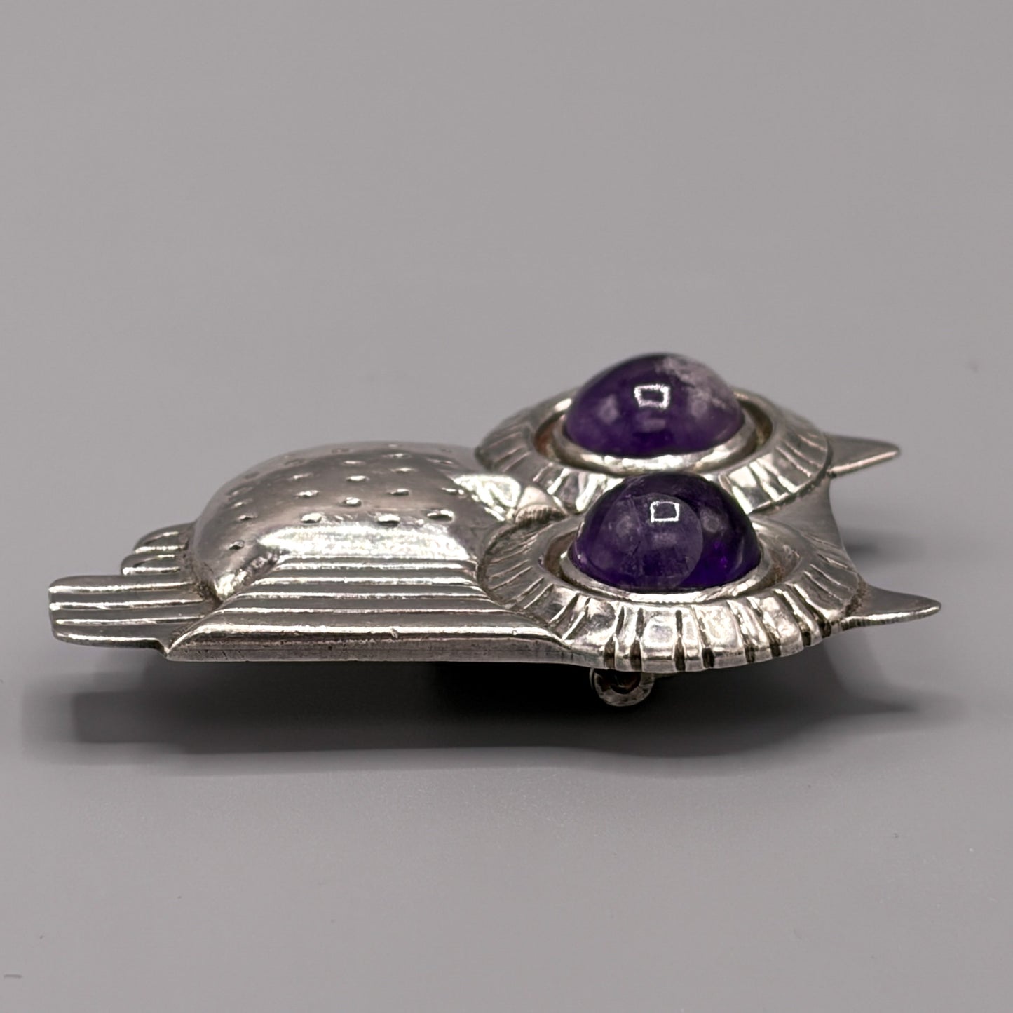 Estate Large Owl Pin with Amethyst Cabochon Eyes by William Spratling