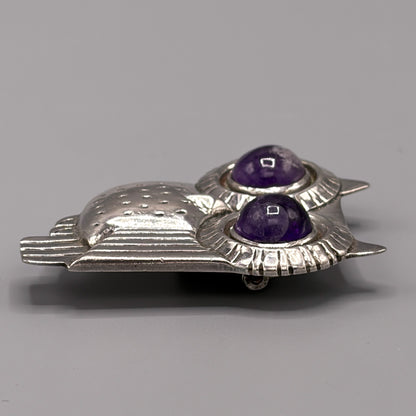 Estate Large Owl Pin with Amethyst Cabochon Eyes by William Spratling