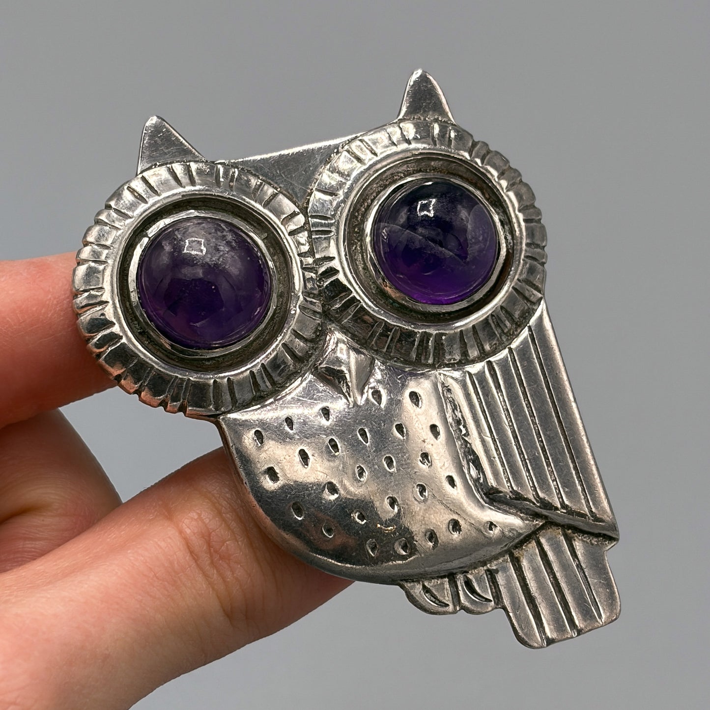 Estate Large Owl Pin with Amethyst Cabochon Eyes by William Spratling