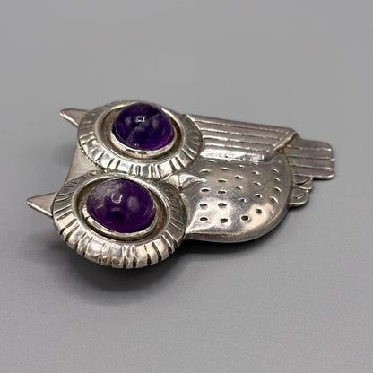Estate Large Owl Pin with Amethyst Cabochon Eyes by William Spratling