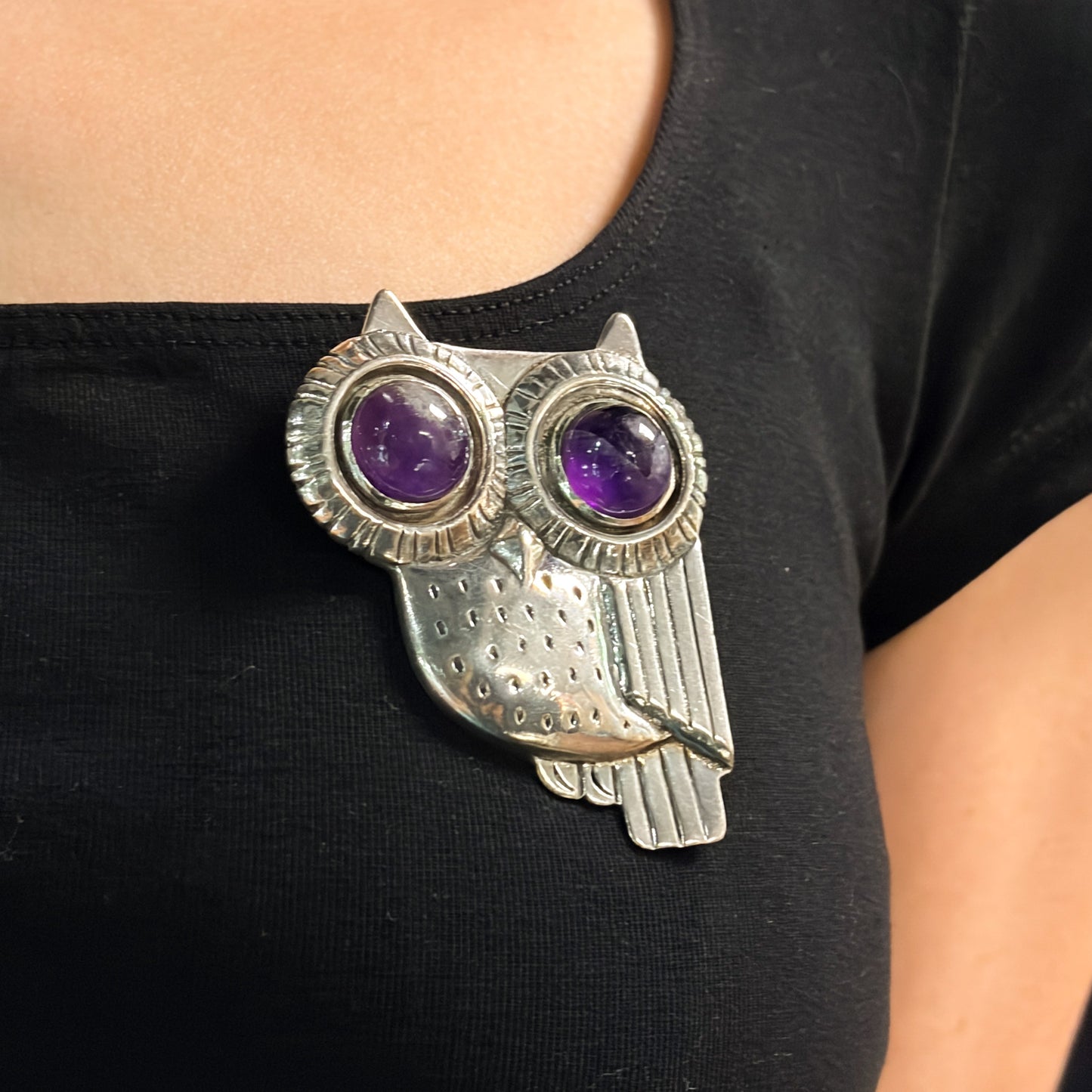 Estate Large Owl Pin with Amethyst Cabochon Eyes by William Spratling