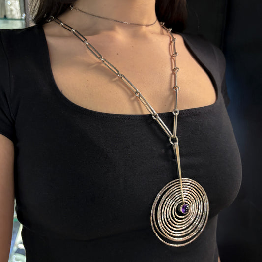 Georg Jensen Concentric Circle Pendant Necklace with Amethyst No.143 by Bent Gabrielsen