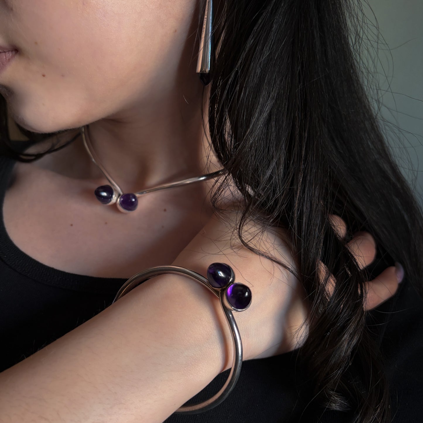 Bent Knudsen Sterling Silver Neck Ring with Amethyst Bullet Cabuchon