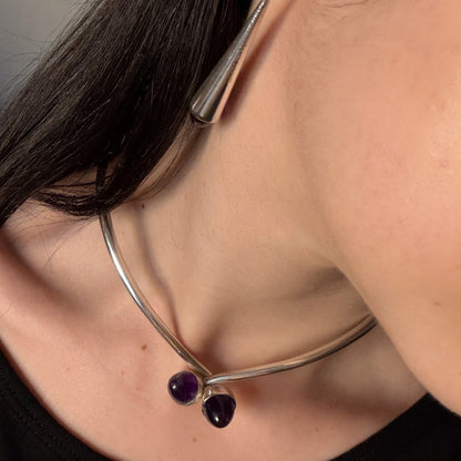 Bent Knudsen Sterling Silver Neck Ring with Amethyst Bullet Cabuchon