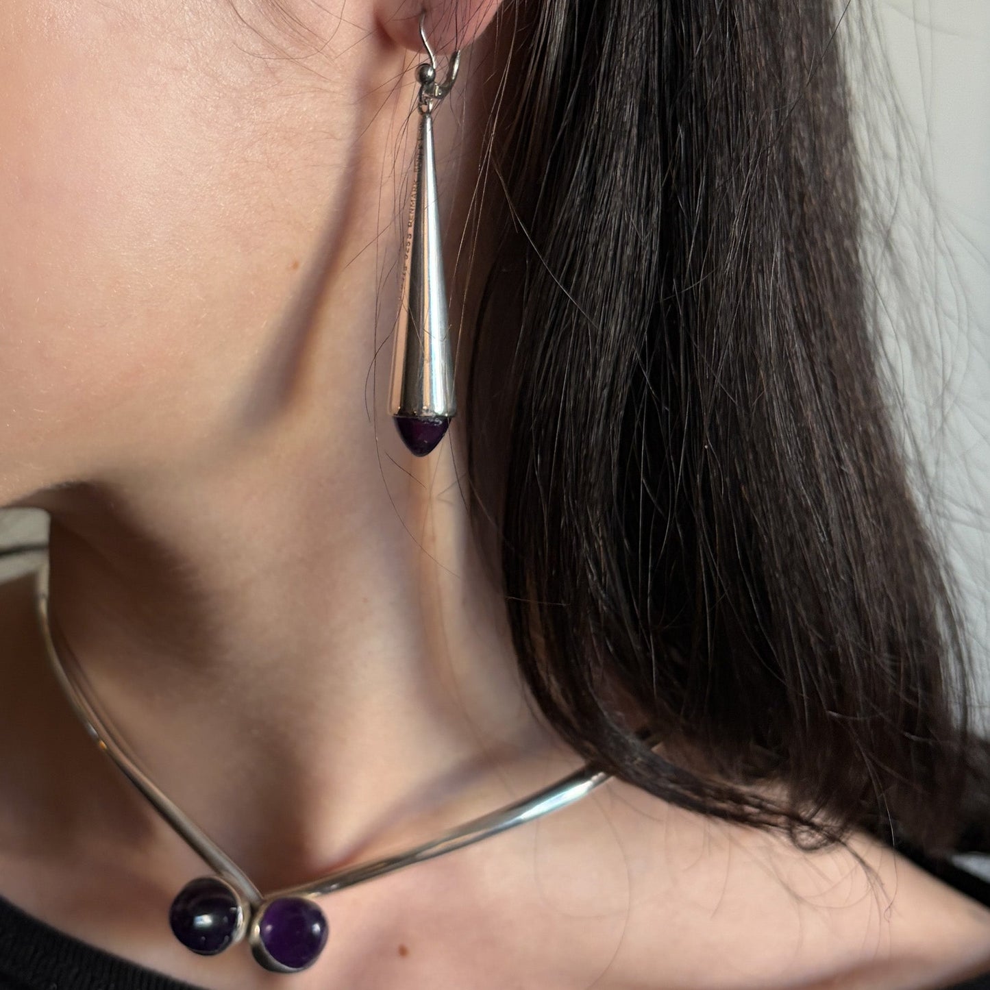 Bent Knudsen Sterling Silver Neck Ring with Amethyst Bullet Cabuchon