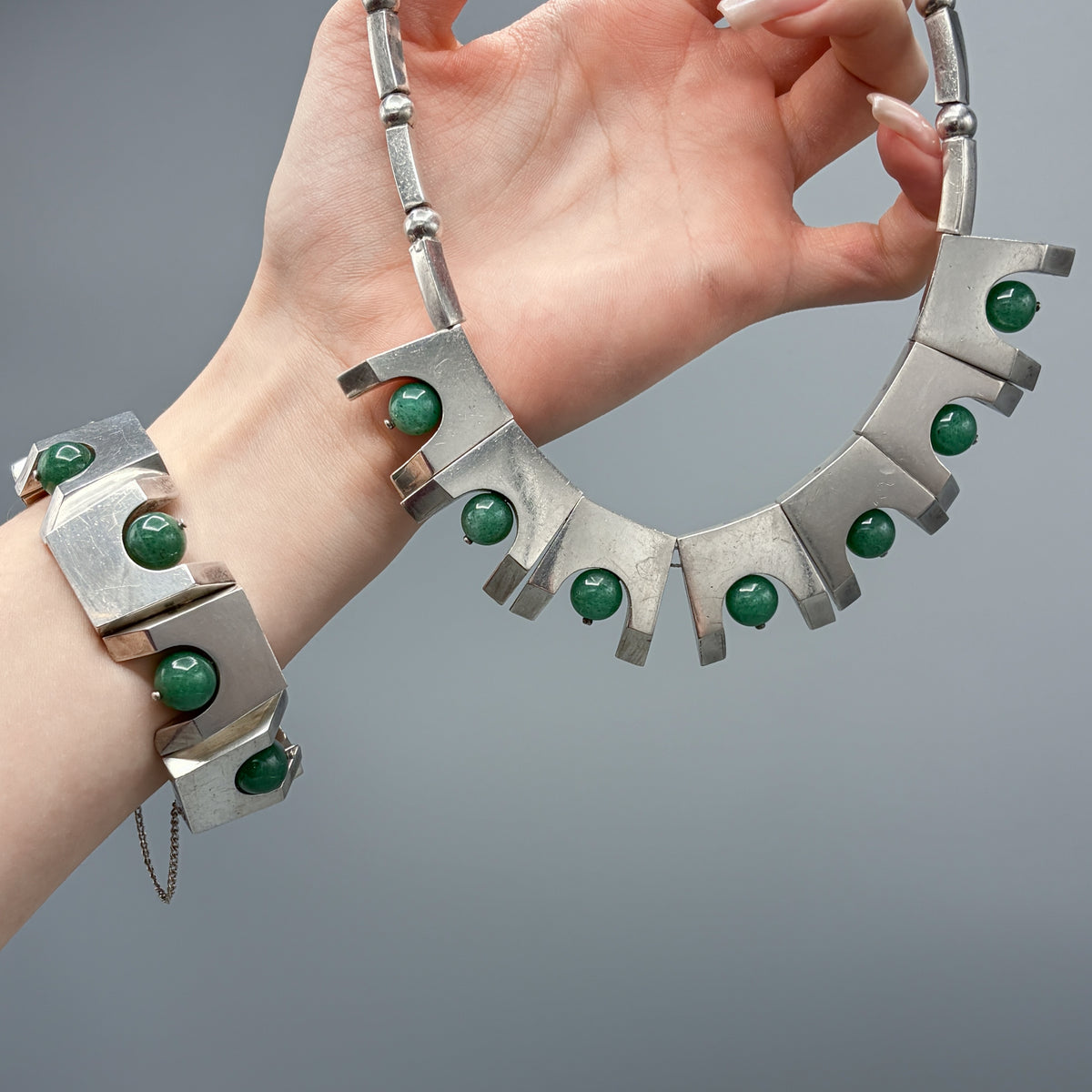 Estate Antonio Pineda 970 Silver Necklace with Aventurine Beads