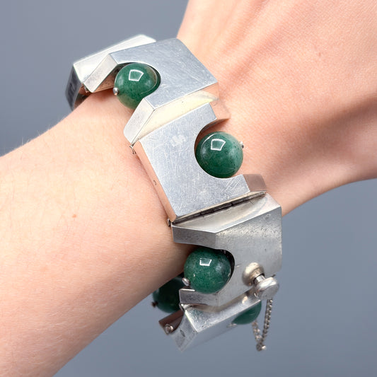 Estate Antonio Pineda 970 Silver Bracelet with Aventurine Beads