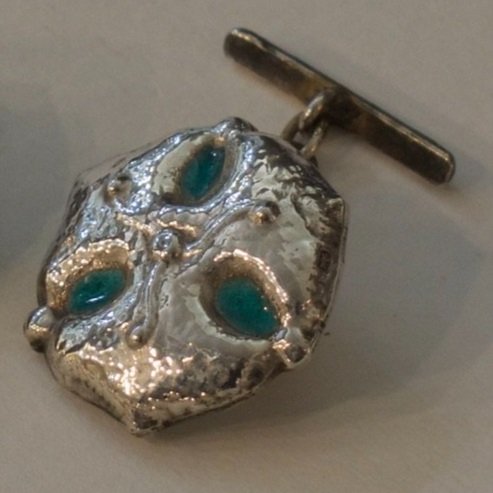 Estate Liberty and Co. Birmingham Sterling Silver and Turquoise Enamel "Sand Dollar" Cufflinks by CYMRIC