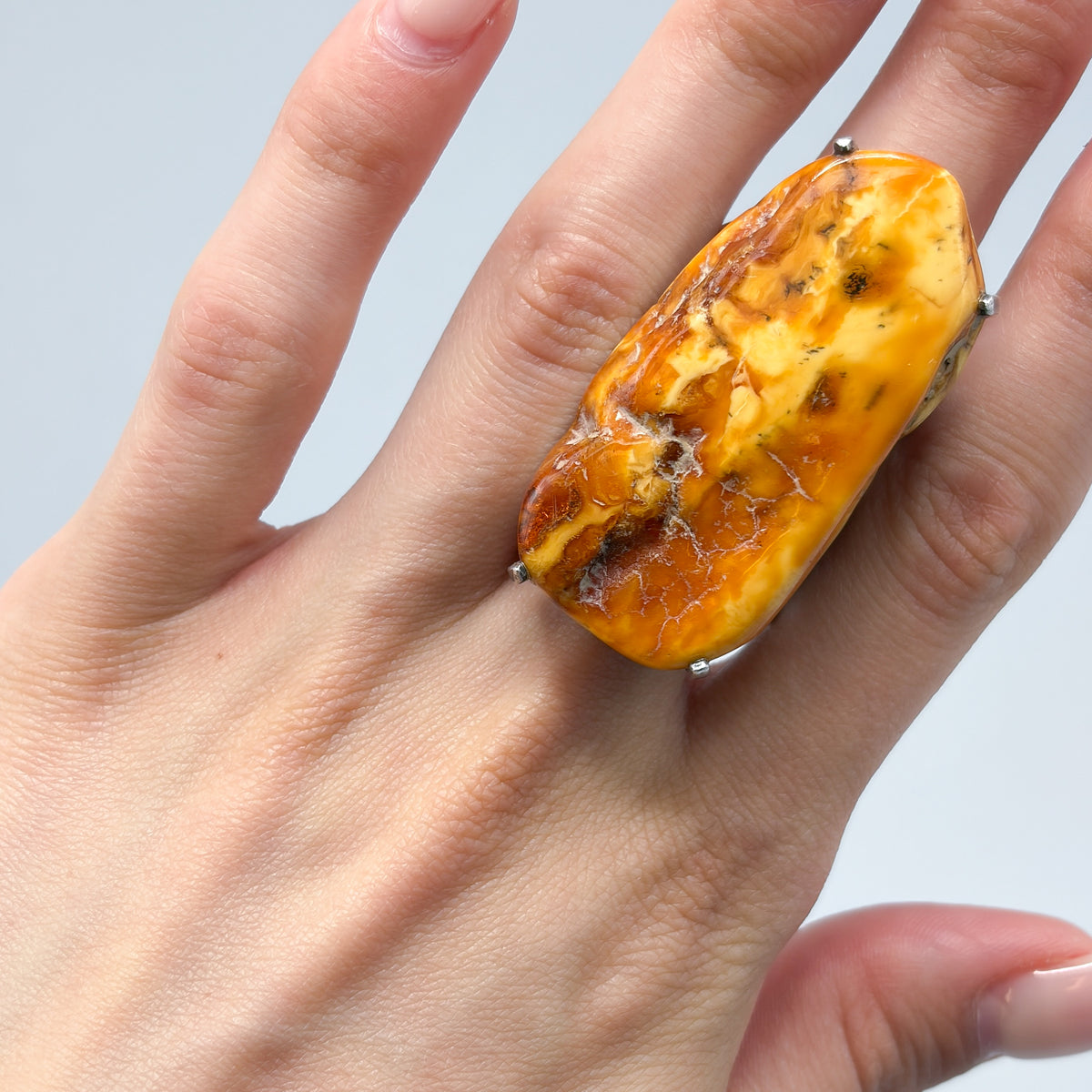 Estate Baltic Amber and Sterling Silver Brutalist Ring