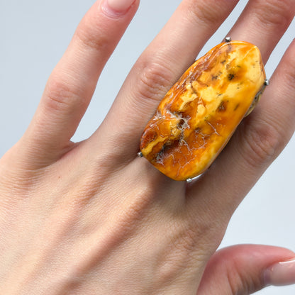 Estate Baltic Amber and Sterling Silver Brutalist Ring