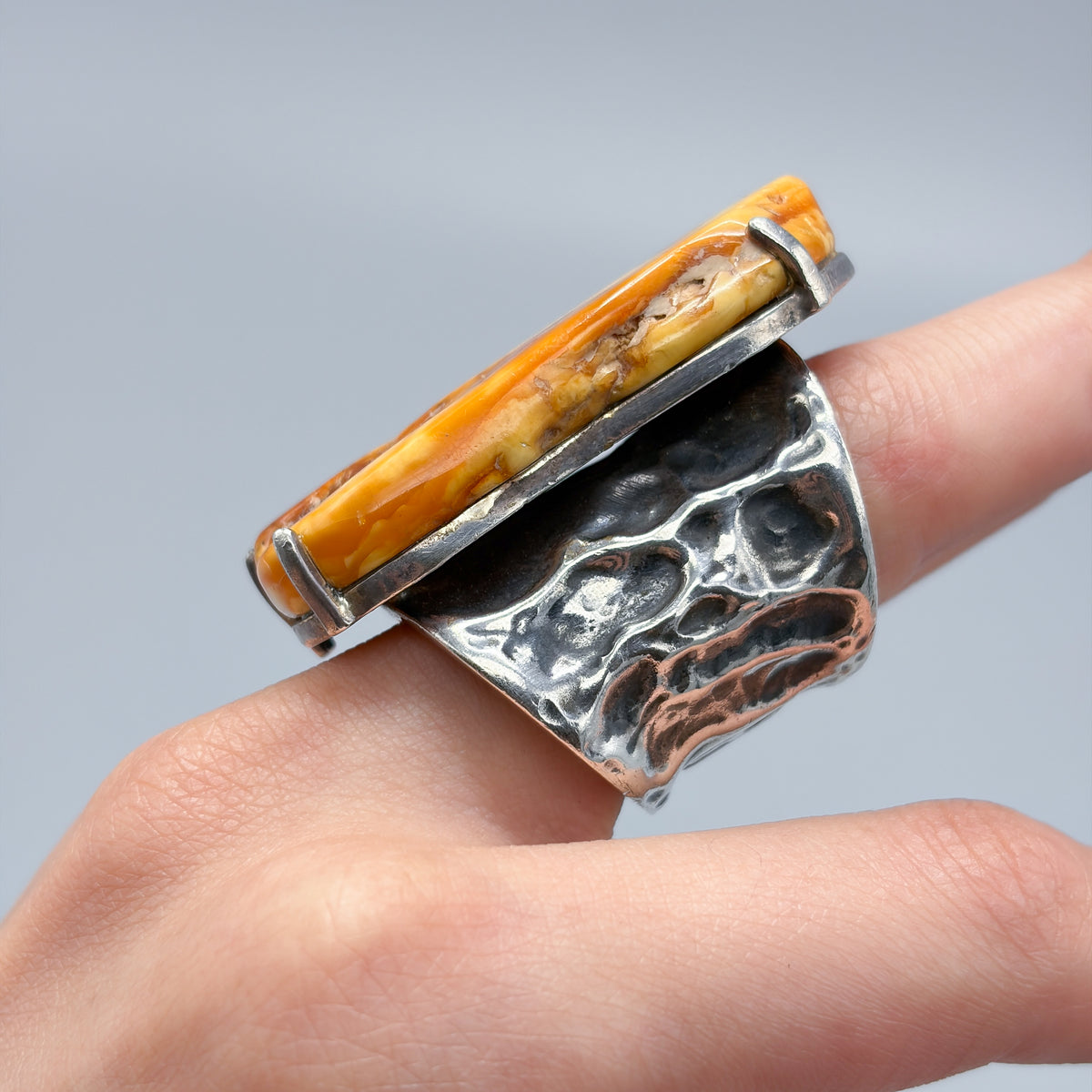 Estate Baltic Amber and Sterling Silver Brutalist Ring