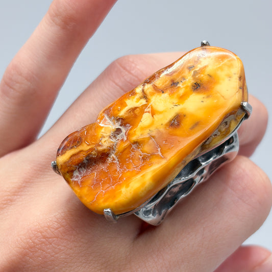 Estate Baltic Amber and Sterling Silver Brutalist Ring