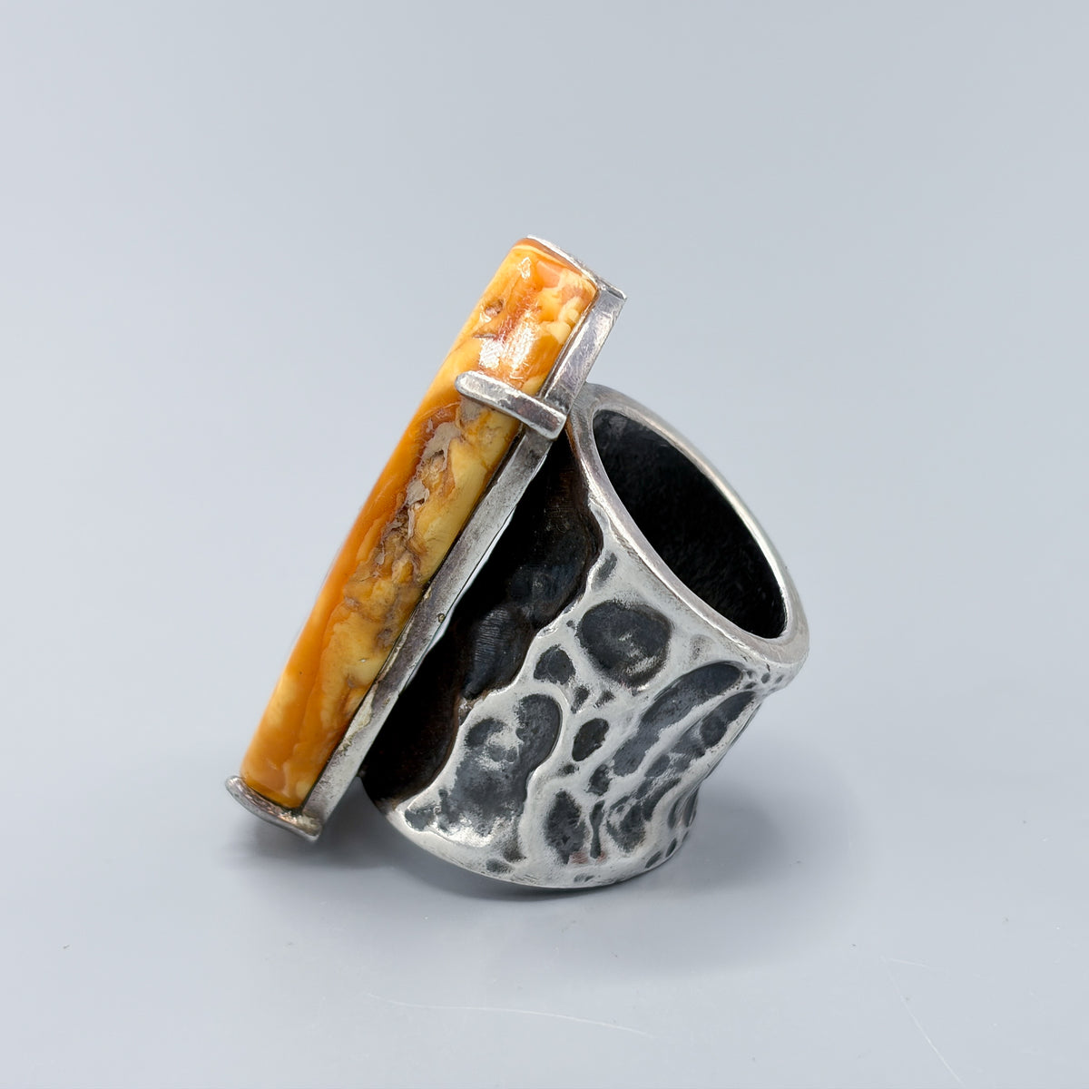 Estate Baltic Amber and Sterling Silver Brutalist Ring
