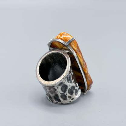 Estate Baltic Amber and Sterling Silver Brutalist Ring