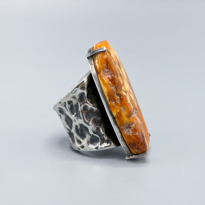 Estate Baltic Amber and Sterling Silver Brutalist Ring