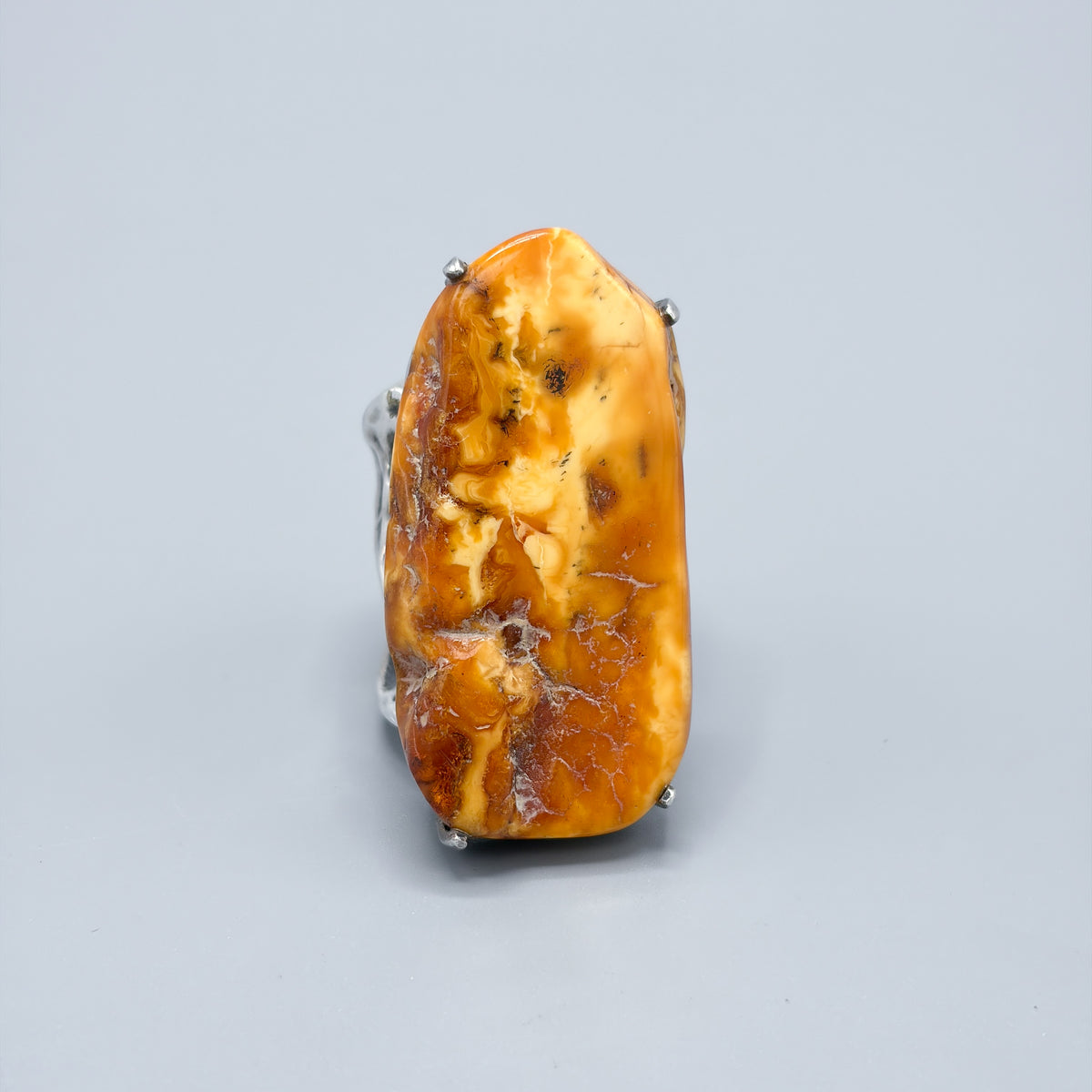 Estate Baltic Amber and Sterling Silver Brutalist Ring