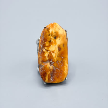 Estate Baltic Amber and Sterling Silver Brutalist Ring