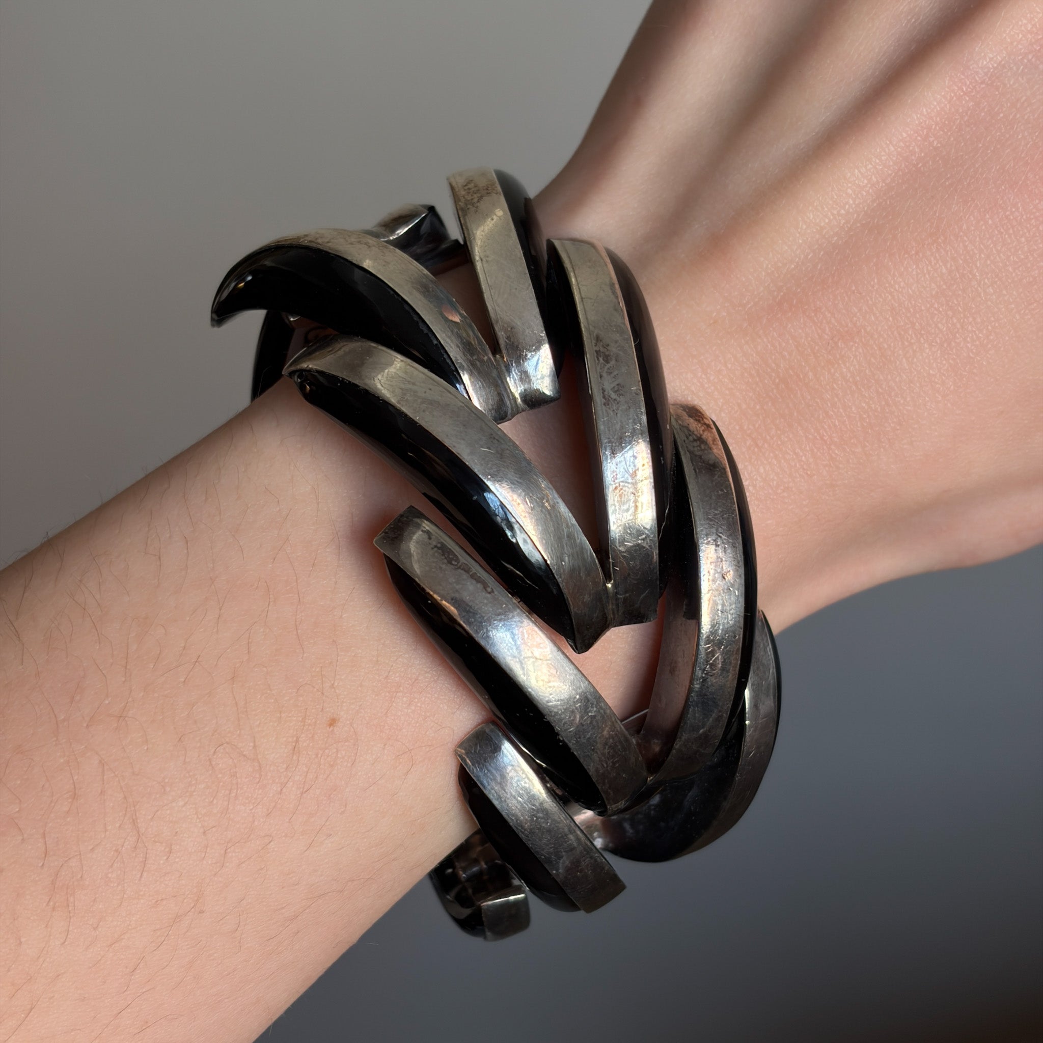Estate Antonio Pineda 970 Silver Obsidian Crescent Shape Bracelet