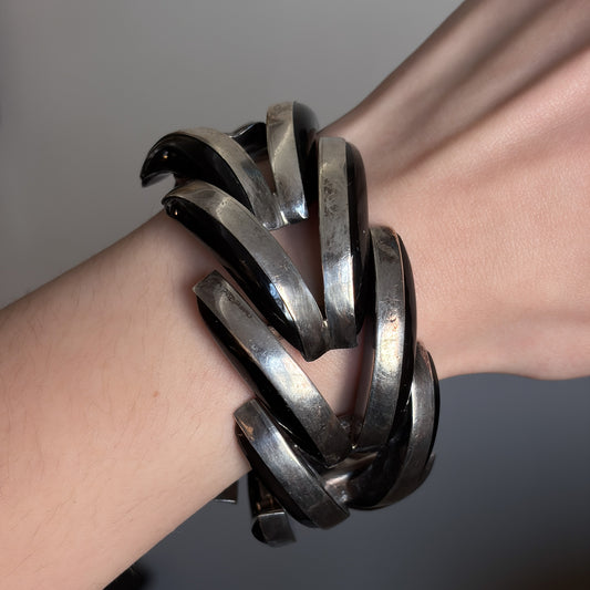 Estate Antonio Pineda 970 Silver Obsidian Crescent Shape Bracelet