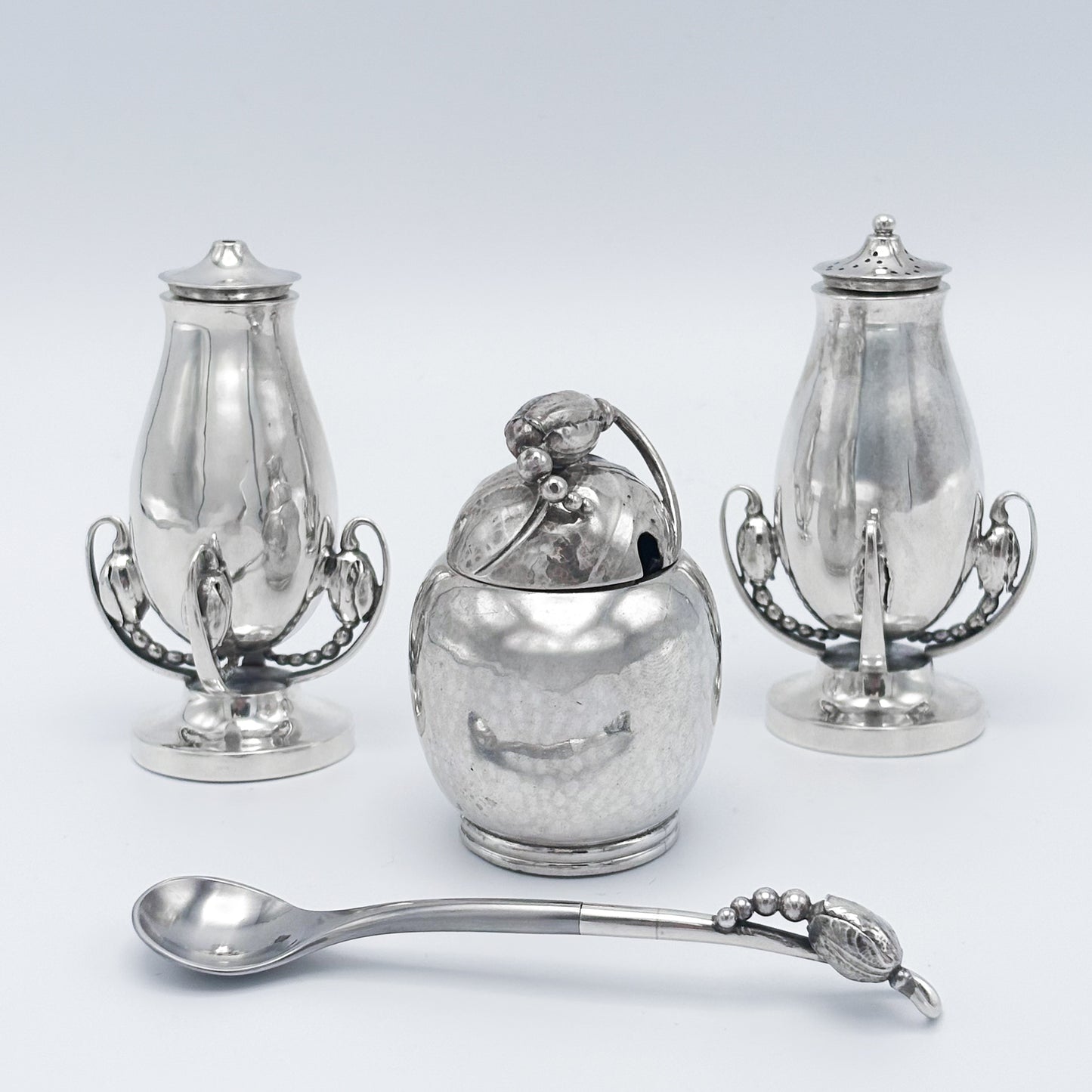 Rare Sterling Silver Georg Jensen "Blossom" Condiment Set with Mustard Pot, Salt & Pepper Shakers no 2A