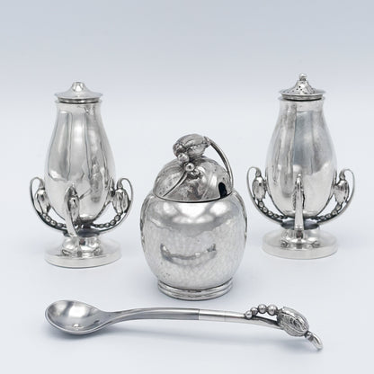 Rare Sterling Silver Georg Jensen "Blossom" Condiment Set with Mustard Pot, Salt & Pepper Shakers no 2A