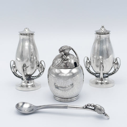 Rare Sterling Silver Georg Jensen "Blossom" Condiment Set with Mustard Pot, Salt & Pepper Shakers no 2A