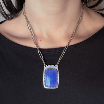 Porter Blanchard Silver Link Necklace with Silver and Blue Chalcedony Pendant