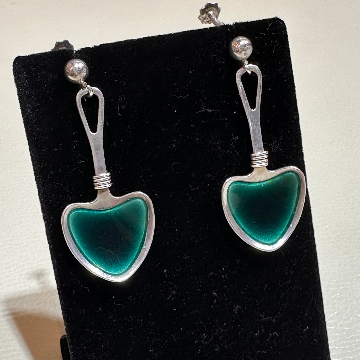 Estate Sterling Silver Green Enamel Earrings Screwback (by Atelier Borgilia)