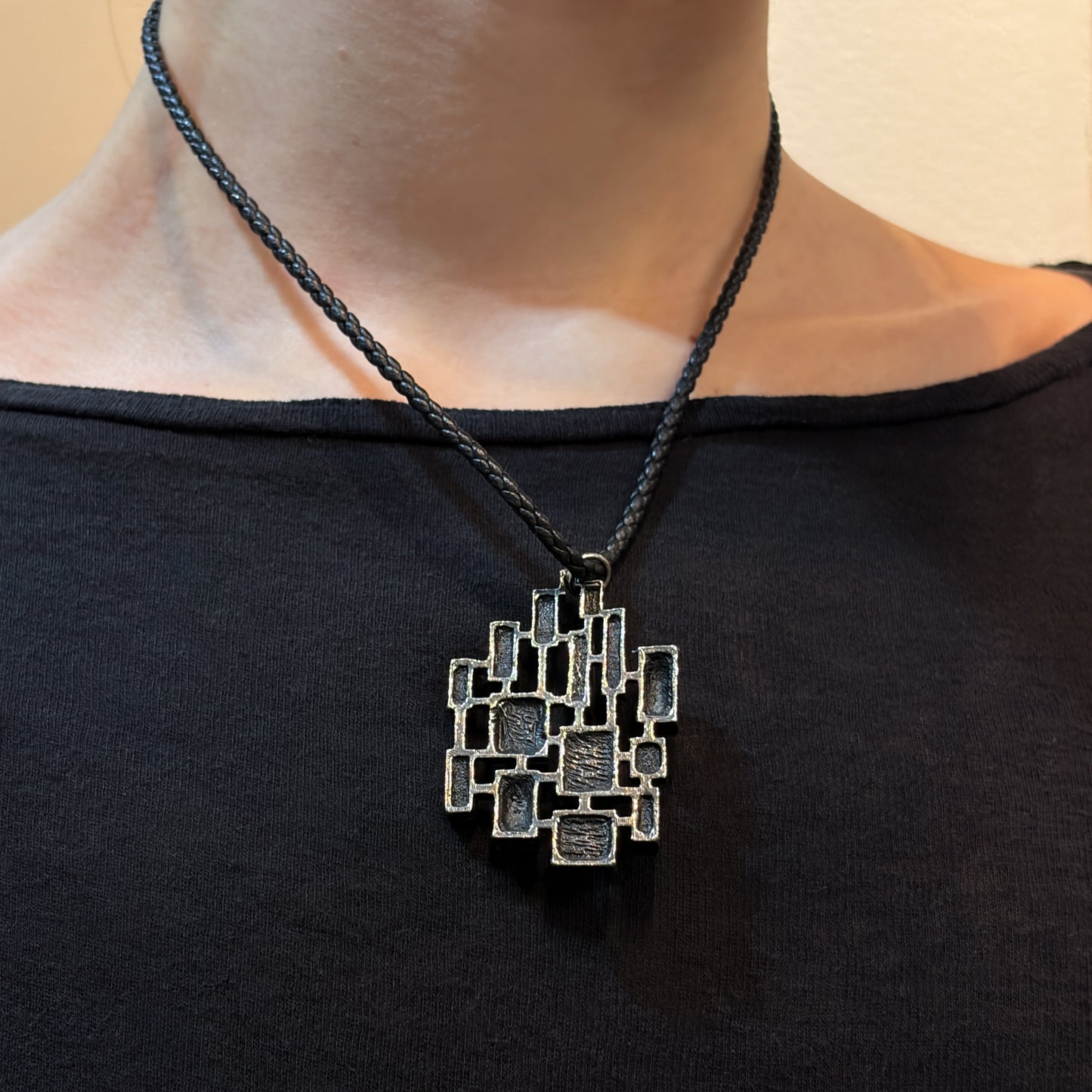 Estate Sterling Silver Brutalist Reversible Geometric Pendant with White Enamel