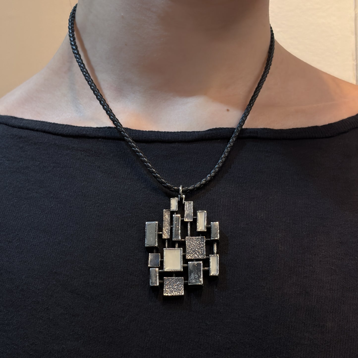 Estate Sterling Silver Brutalist Reversible Geometric Pendant with White Enamel