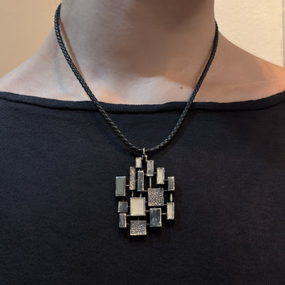 Estate Sterling Silver Brutalist Reversible Geometric Pendant with White Enamel