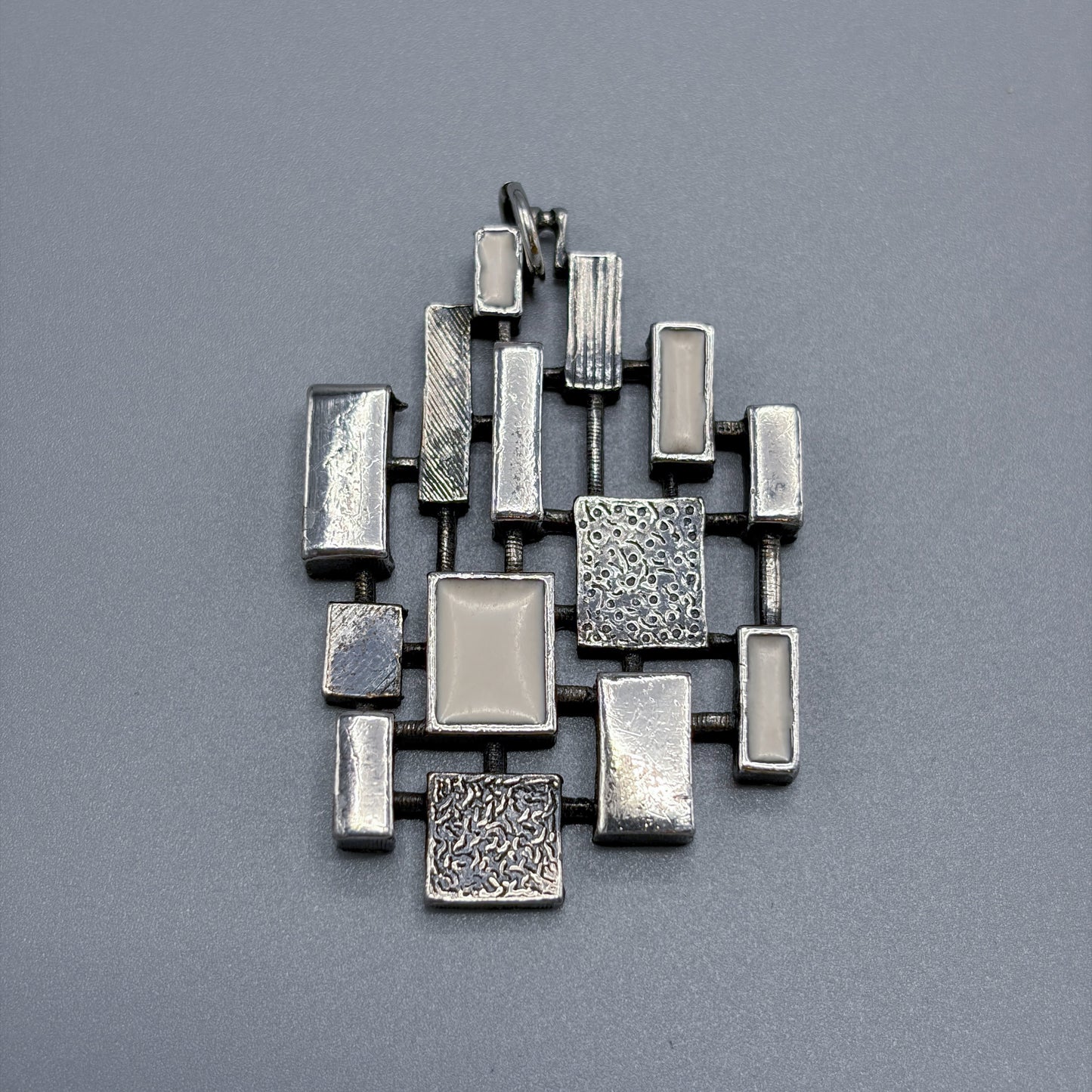 Estate Sterling Silver Brutalist Reversible Geometric Pendant with White Enamel
