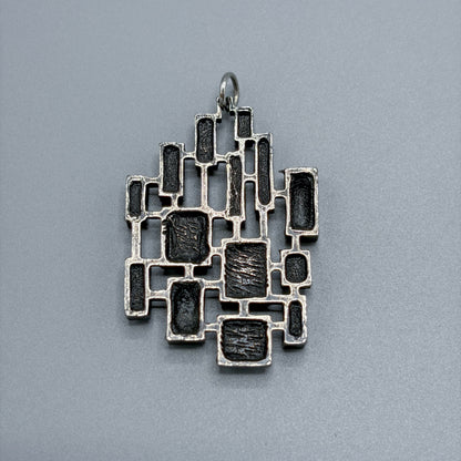 Estate Sterling Silver Brutalist Reversible Geometric Pendant with White Enamel