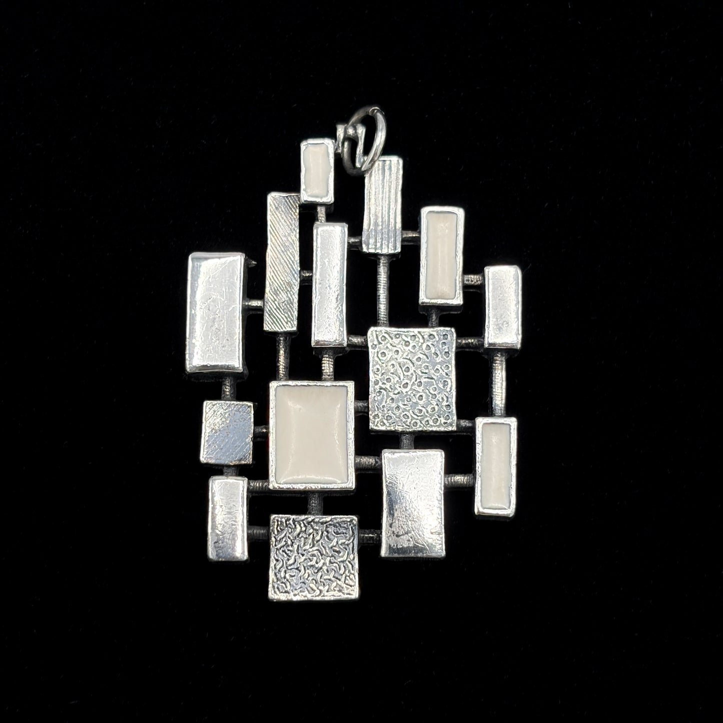 Estate Sterling Silver Brutalist Reversible Geometric Pendant with White Enamel
