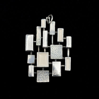 Estate Sterling Silver Brutalist Reversible Geometric Pendant with White Enamel