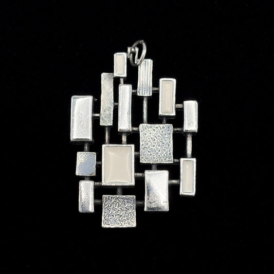 Estate Sterling Silver Brutalist Reversible Geometric Pendant with White Enamel