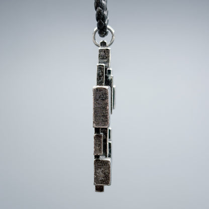 Estate Sterling Silver Brutalist Reversible Geometric Pendant with White Enamel