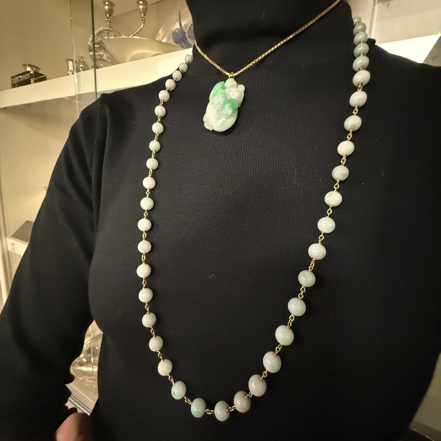 Estate Light Apple Green Jade Long Bead Necklace