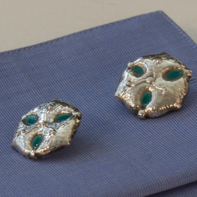 Estate Liberty and Co. Birmingham Sterling Silver and Turquoise Enamel "Sand Dollar" Cufflinks by CYMRIC