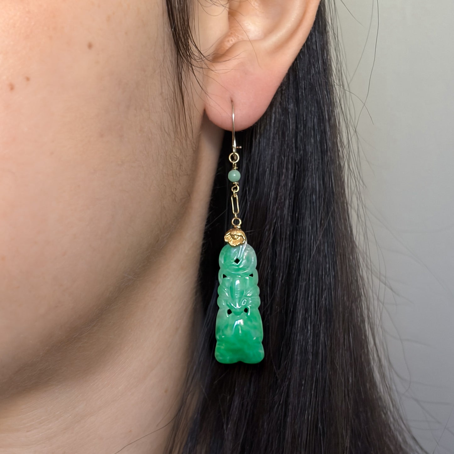 Estate Carved Apple Green Jadeite Long Bell Shaped Earrings with Ball in 14kt