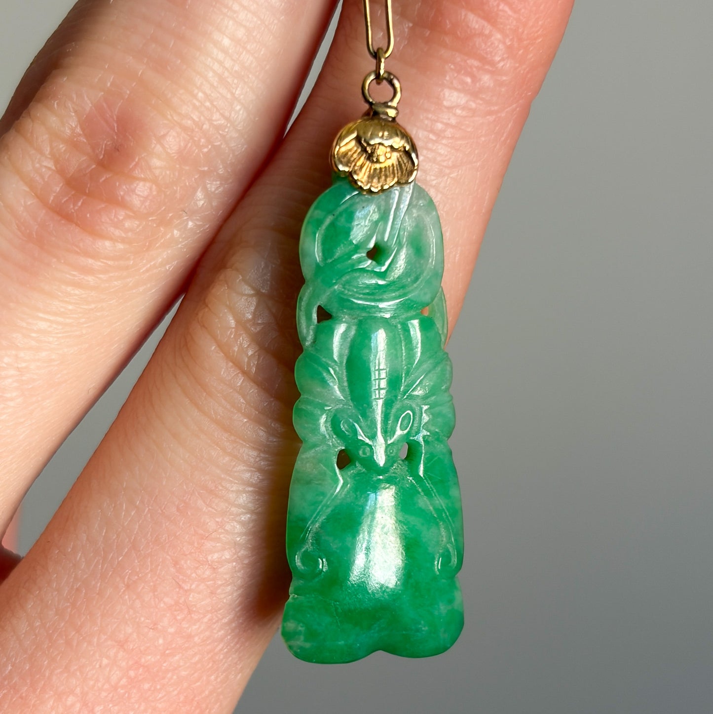 Estate Carved Apple Green Jadeite Long Bell Shaped Earrings with Ball in 14kt