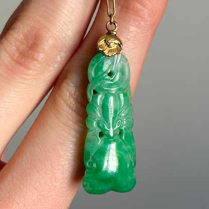 Estate Carved Apple Green Jadeite Long Bell Shaped Earrings with Ball in 14kt