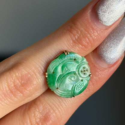 Estate Antique Carved  Jadeite Earrings with 14kt Gold Mounts Post Back