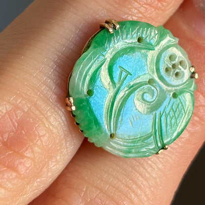 Estate Antique Carved  Jadeite Earrings with 14kt Gold Mounts Post Back