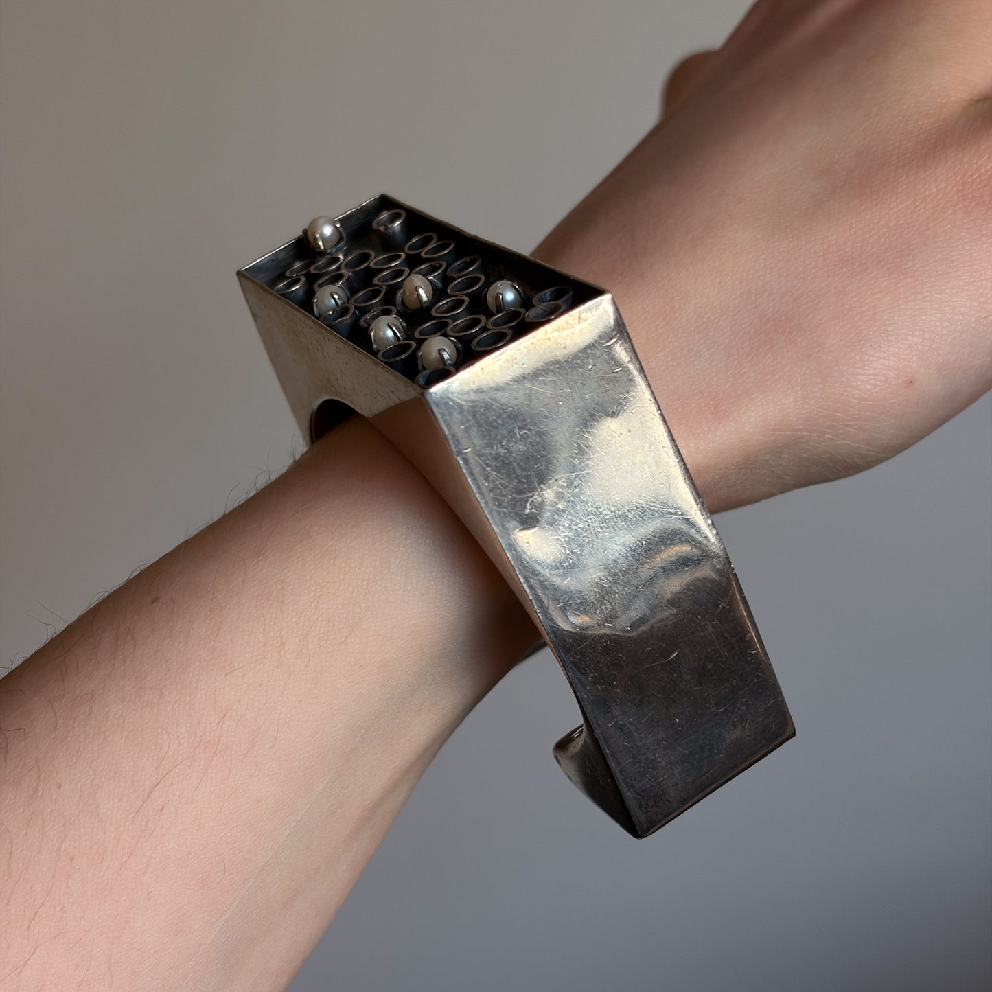 Estate Rachel Gera Sterling Silver Brutalist Handmade Cuff Bracelet with Natural Pearls